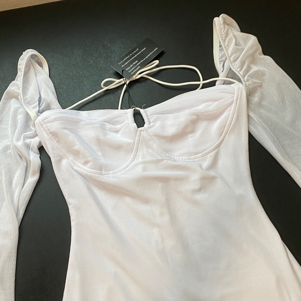 Women’s Sexy Tie Back Zipper Mesh White Long Sleeve Mini Dress Wedding Summer - Picture 5 of 7